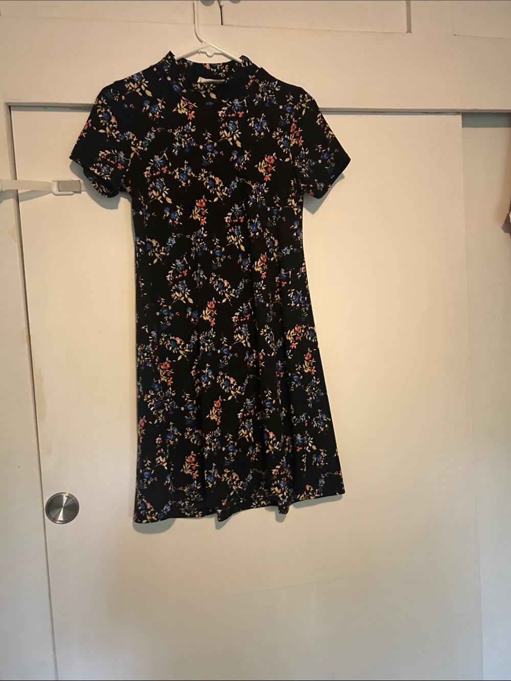Lush Black Floral Short Sleeve Dress with Blue and Red Flowers